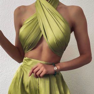 hirigin Chic Women Satin Criss-Cross Halter Top Sl